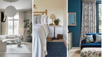 three images of area rugs in bedroom and living room to support expert tips on how to choose a rug