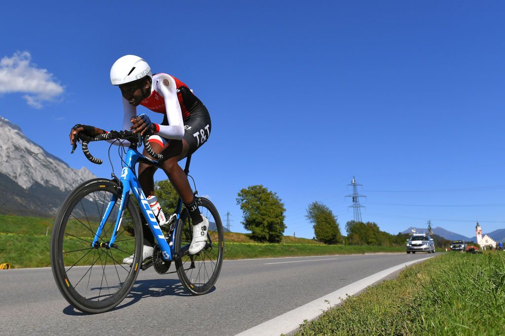 INNSBRUCK, AUSTRIA - SEPTEMBER 25: Teniel Campbell of Trinidad Tobago / Landscape / Mountains / during the Women Elite Individual Time Trial a 27,8km race from Wattens to Innsbruck 582m at the 91st UCI Road World Championships 2018 / ITT / RWC / on September 25, 2018 in Innsbruck, Austria. (Photo by Tim de Waele/Getty Images)