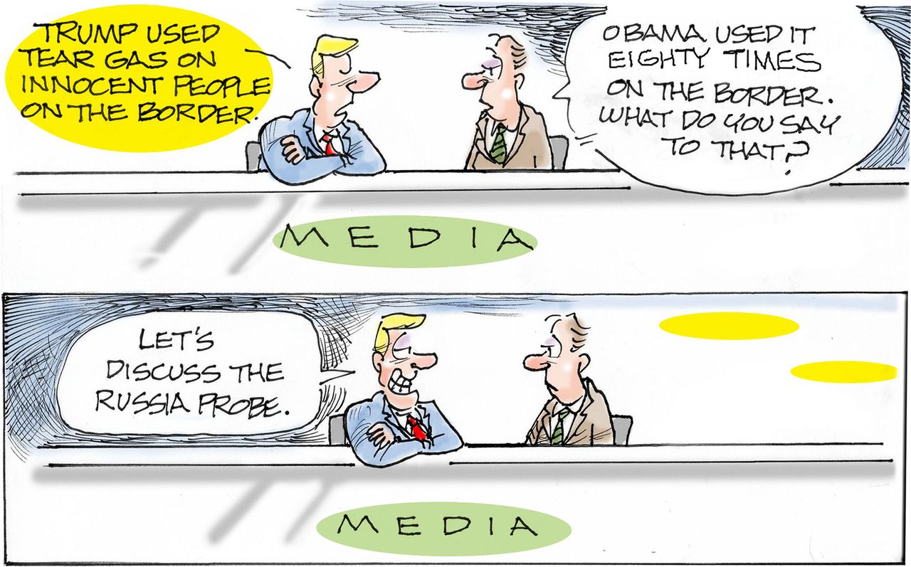 Political cartoon U.S. left wing media bias Trump tear gas border Obama Russia probe