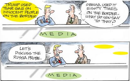 Political cartoon U.S. left wing media bias Trump tear gas border Obama Russia probe