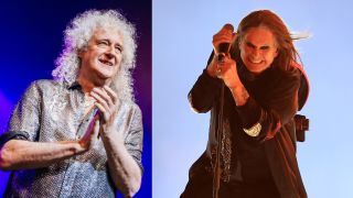 Brian May looking on and clapping and Ozzy on stage at the Commonwealth Games, smiling