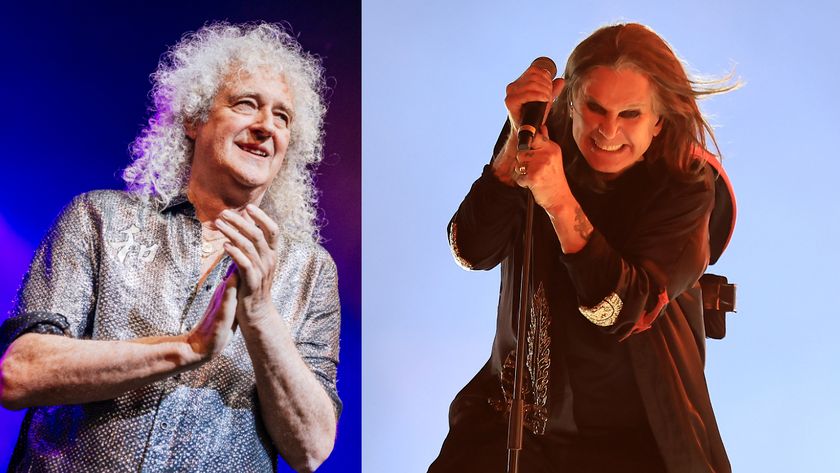 Brian May looking on and clapping and Ozzy on stage at the Commonwealth Games, smiling