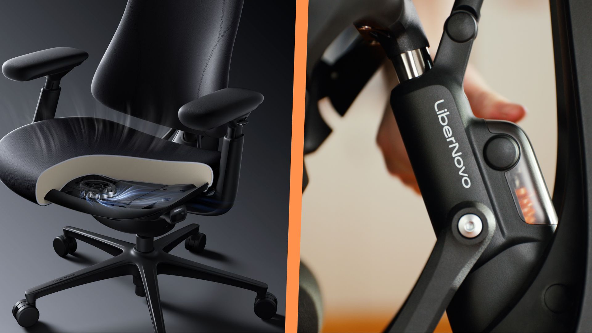 A side-by-side image of the LiberNovo Omni Pro's fan system with the Omni SE's turn screw lumbar support