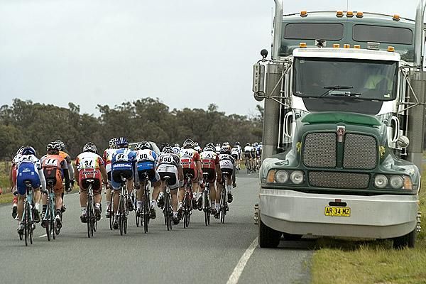 Riders pass another truck on their way to Barham during stage three of the tour.
