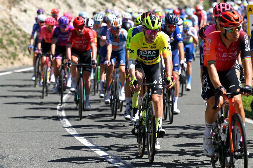 LEGUTIO SPAIN APRIL 04 Primoz Roglic of Slovenia and Team BORA hansgrohe Yellow Leader Jersey competes during the 63rd Itzulia Basque Country 2024 Stage 4 a 1575km stage from Etxarri Aranatz to Legutio 550m UCIWT on April 04 2024 in Etxarri Legutio Spain Photo by Tim de WaeleGetty Images