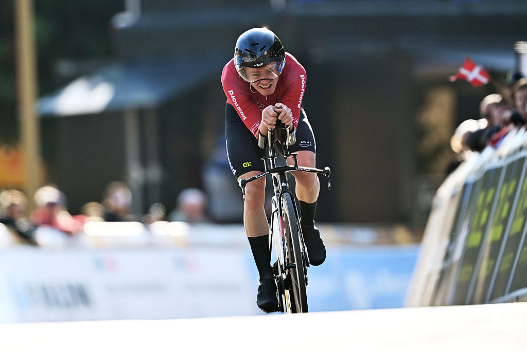 ETOILE-SUR-RHONE, FRANCE - OCTOBER 01: Niklas Larsen and Team Denmark competes during the 31st UEC Road Cycling European Championships 2025 - Men&#039;s Elite Individual Time Trial a 24km race from Loriol-sur-Rhone to Etoile-sur-Rhone on October 01, 2025 in Etoile-sur-Rhone, France. (Photo by Billy Ceusters/Getty Images)