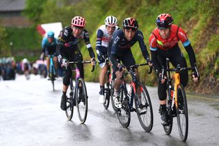 SESTOLA ITALY MAY 11 Hugh Carthy of United Kingdom and Team EF Education Nippo Egan Arley Bernal Gomez of Colombia and Team INEOS Grenadiers Mikel Landa Meana of Spain and Team Bahrain Victorious during the 104th Giro dItalia 2021 Stage 4 a 187km stage from Piacenza to Sestola 1020m girodiitalia Giro UCIworldtour on May 11 2021 in Sestola Italy Photo by Tim de WaeleGetty Images