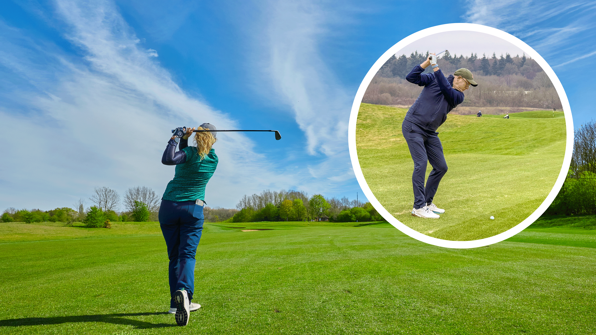 Two golfers attempting to reach a par-5 green in two shots