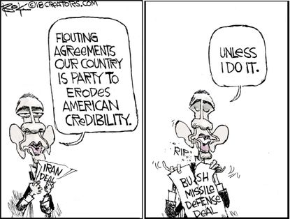 Political cartoon U.S. Trump Iran nuclear deal Obama Bush missile defense deal
