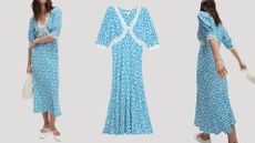 Printed V-Neck Lace Insert Midaxi Tea Dress