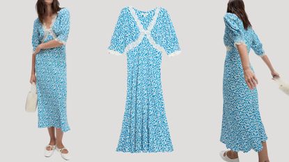 Printed V-Neck Lace Insert Midaxi Tea Dress