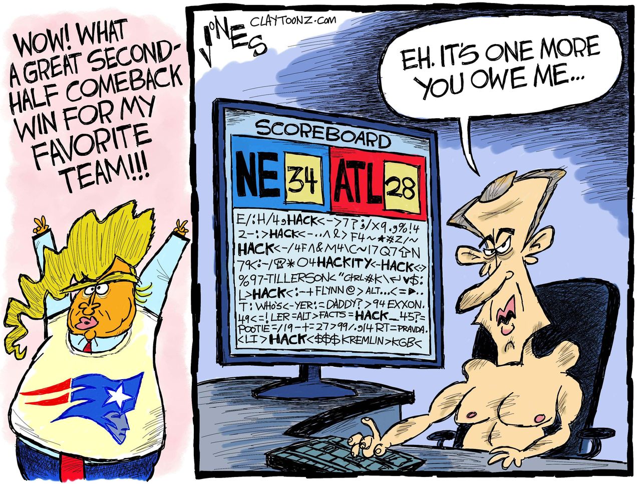 Political Cartoon U.S. Putin hacks Patriots Super Bowl win