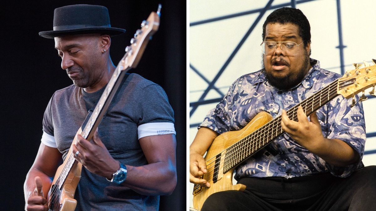 Left-Bassist/Producer Marcus Miller performs at Freedom Hill Amphitheater on August 10, 2016 in Sterling Heights, Michigan; Right-circa 1970 Photo of Anthony JACKSON 