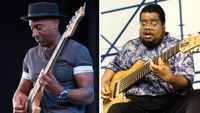 Left-Bassist/Producer Marcus Miller performs at Freedom Hill Amphitheater on August 10, 2016 in Sterling Heights, Michigan; Right-circa 1970 Photo of Anthony JACKSON 