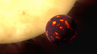 An artist’s drawing of Janssen. The planet orbits its star so closely that its surface is a 3632 degree Fahrenheit (2000 degrees celcius) lava ocean.