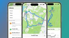 Three iPhones on a green and blue background showing trails on Apple Maps