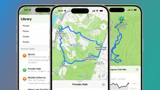 Three iPhones on a green and blue background showing trails on Apple Maps