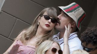 Taylor Swift and Travis Kelce attend the men's final on day fourteen of the 2024 US Open Tennis Championships at the USTA Billie Jean King Tennis Center on September 8, 2024