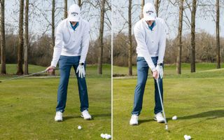 PGA pro Ben Emerson demonstrating the first of four chipping drills that'll help golfers get up and down more often