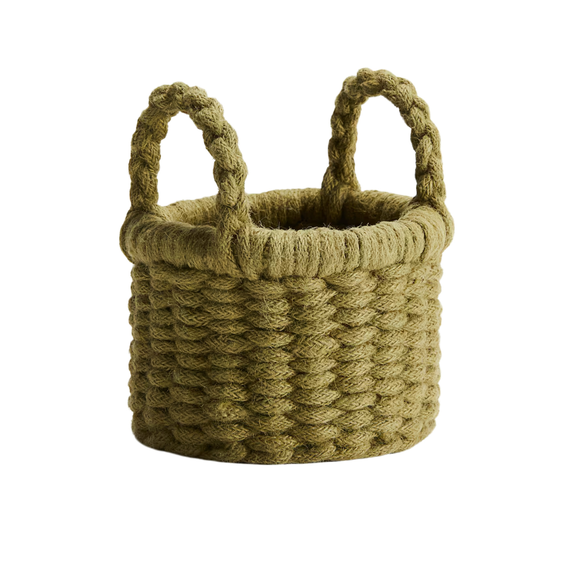 small jute storage basket in olive green