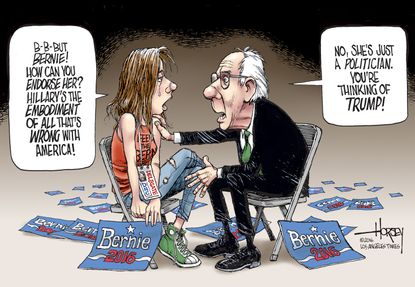 Political cartoon U.S. Bernie Sanders supporters anger Never Trump