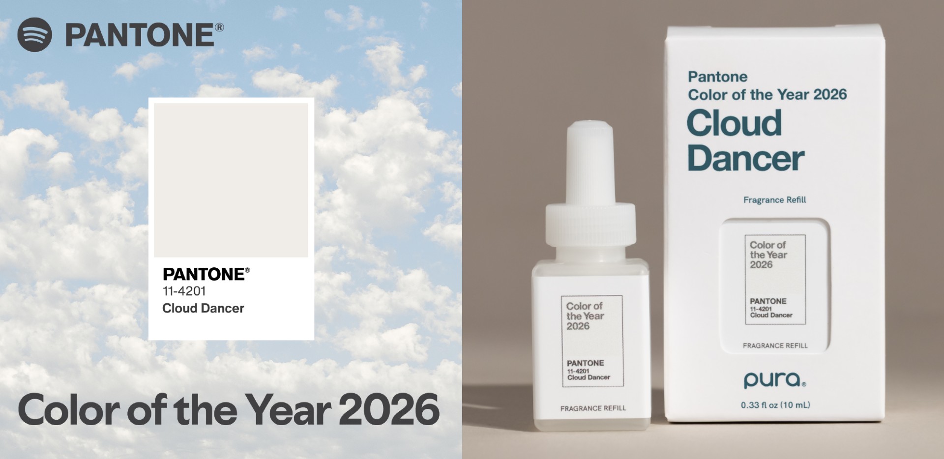 A split image promoting the Pantone Color of the Year 2026, 