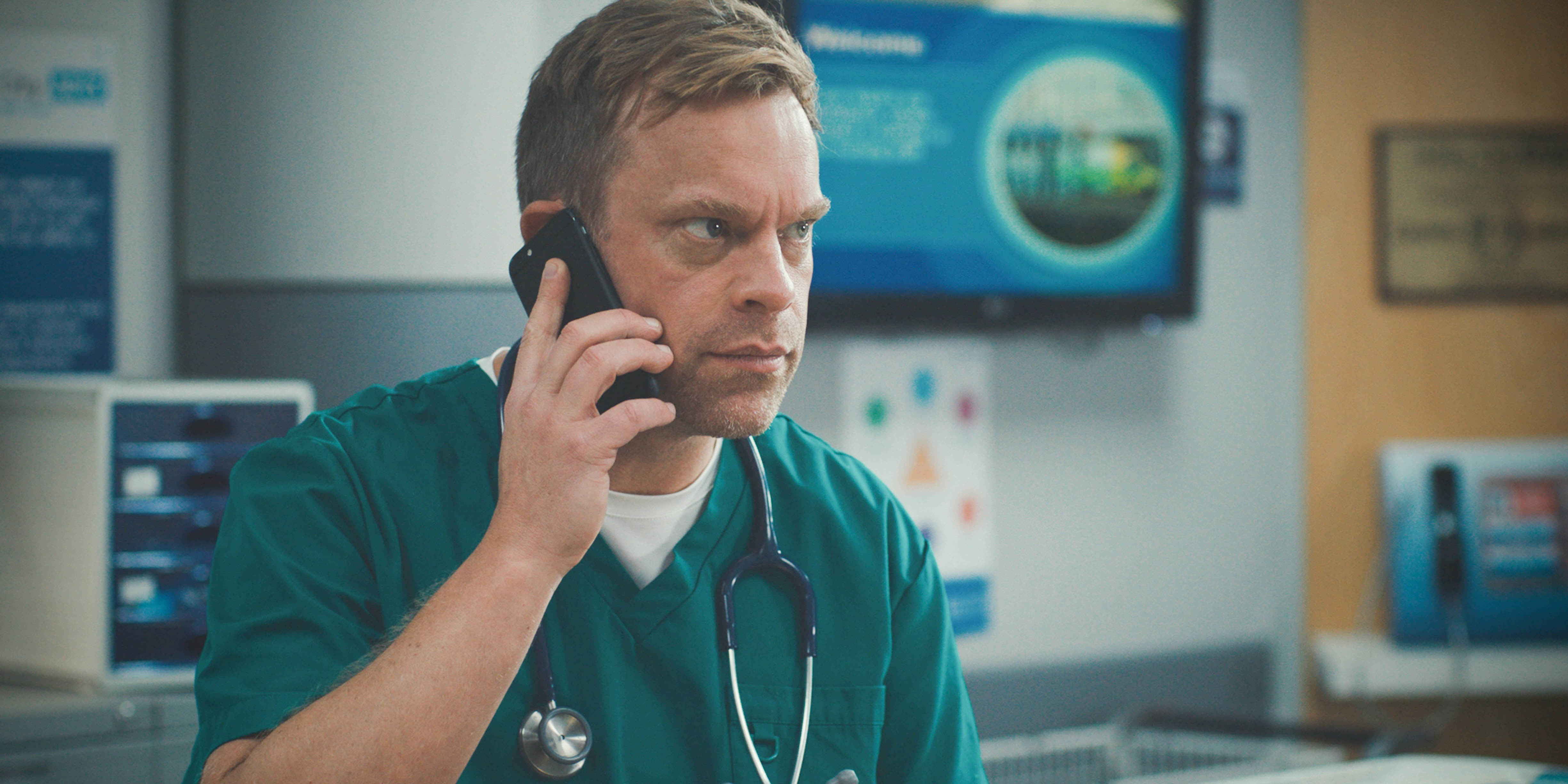Concerned Dylan Keogh takes a frantic phone call from Paula.