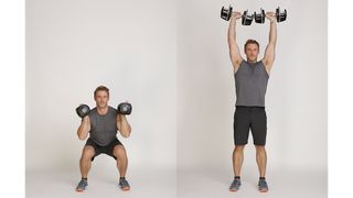 Jessie Pavelka demonstrating two positions of the thruster dumbbell exercise
