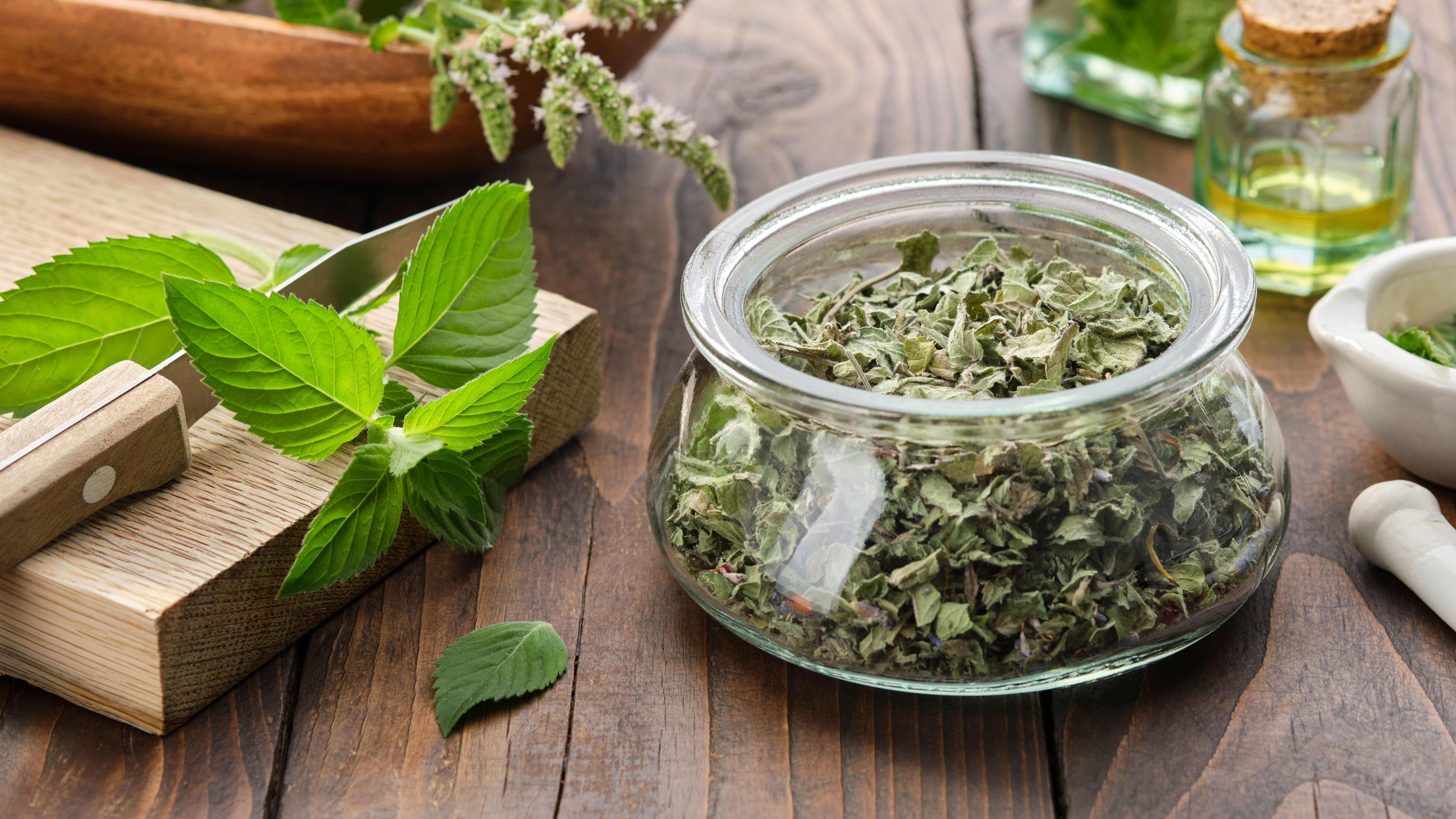 Dried mint in clear bowl