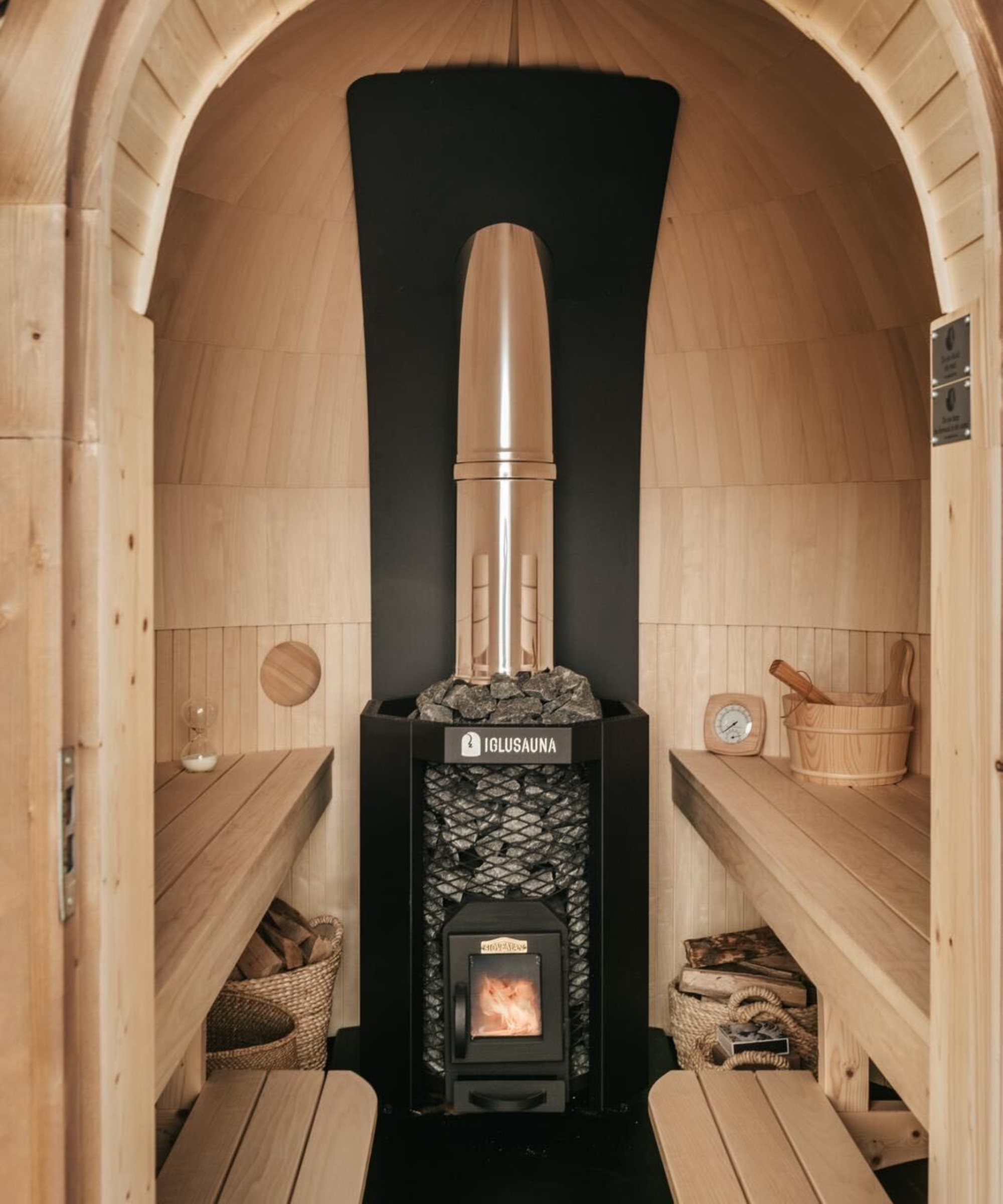 inside of wooden clad wood burning sauna