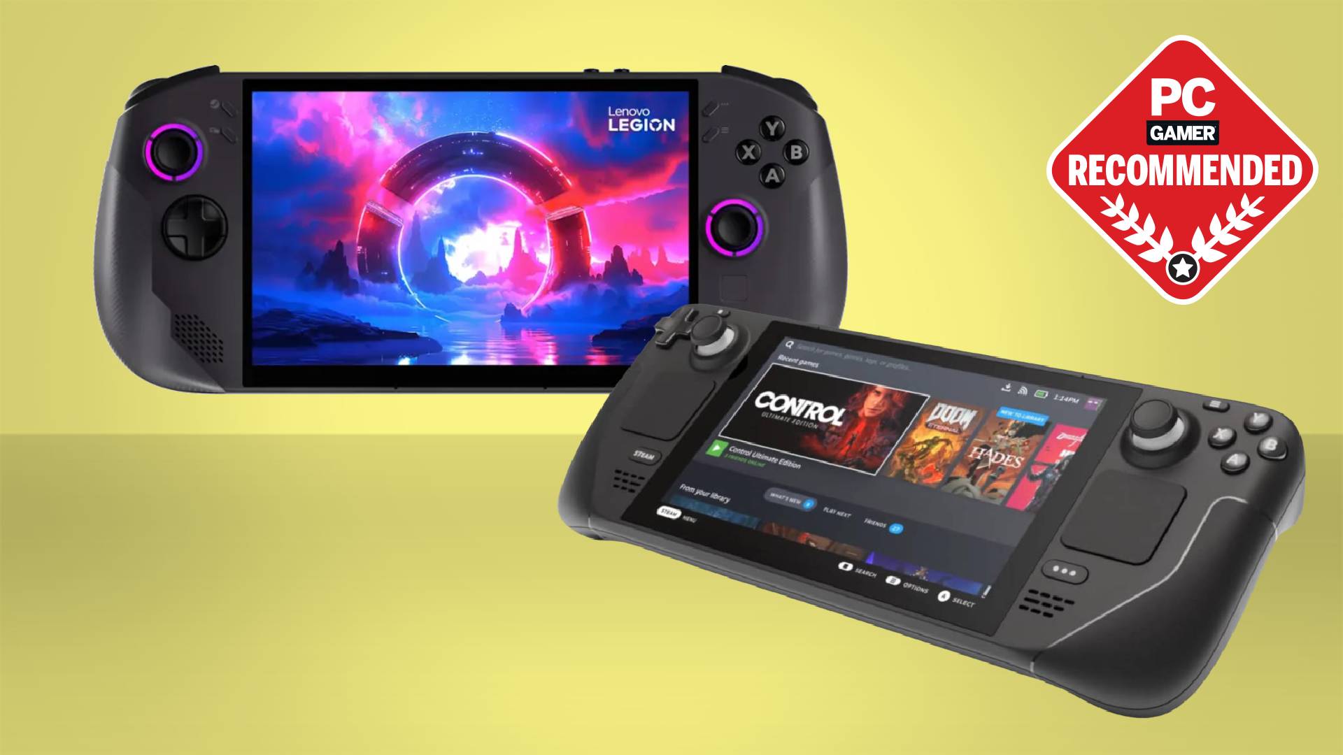 Lenovo Legion Go S SteamOS and Valve Steam Deck on a yellow background with PC Gamer Recommended label