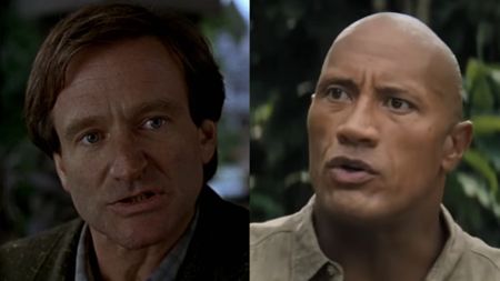 Side by side: Robin Williams in Jumanji, Dwayne Johnson in Jumanji: The Next Level