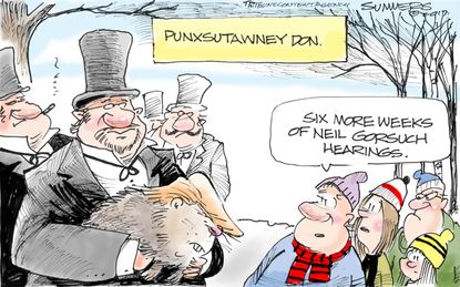 Political Cartoon U.S. Groundhog day Neil Gorsuch Supreme Court nominee hearings