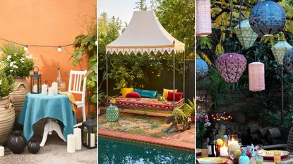 Moroccan garden ideas are so chic. Here are three of these - a blue outdoor dining table with candles on it next to an orange wall, an orange cuhsioned bench with a tent over it and a pool in front, and a pergola with blue, green, and pink lanterns hanging from it