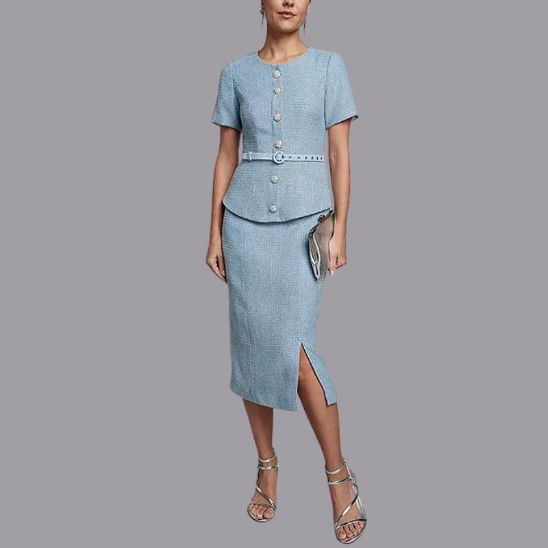 Kaleidoscope Blue Boucl&amp;eacute; Belted Midi Dress on model