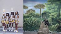 Left: Four young Black girls in matching gold and white sequinned majorette uniforms and tall feathered headdresses stand against a plain wall, each looking in a different direction with composed, unselfconscious expressions. Right: A chimpanzee sits alone on a concrete pyramid in a zoo enclosure, in front of a large painted mural depicting a lush tropical forest, with water trickling from an opening in the painted landscape above.