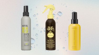A collage of the best sea salt sprays, including the KMS Hair Play spray, the Sun Bum Sea Spray and Hair By Sam McKnight's Sundaze Sea Spray/ on a pink, blue and green gradient style template with water droplets