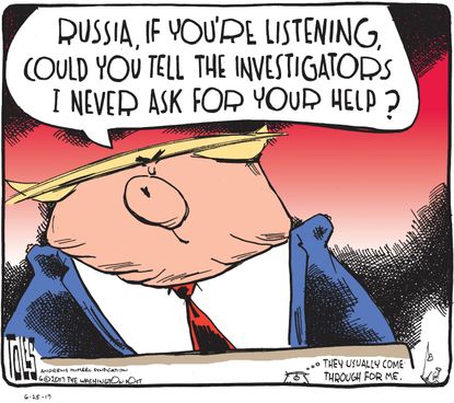 Political cartoon U.S. Trump Russia investigation hacking tapes