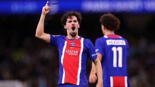 Vitinha of Paris Saint-Germain celebrates scoring his team’s third goal during the UEFA Champions League 2026/27 League Phase MD2 match between Manchester City and Paris Saint-Germain