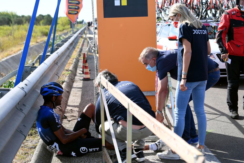 BRINDISI ITALY OCTOBER 09 Amanuel Ghebreigzabhier Werkilul of Eritrea and NTT Pro Cycling Team Crash Injury Doctor during the 103rd Giro dItalia 2020 Stage Seven a 143km stage from Matera to Brindisi girodiitalia Giro on October 09 2020 in Brindisi Italy Photo by Tim de WaeleGetty Images