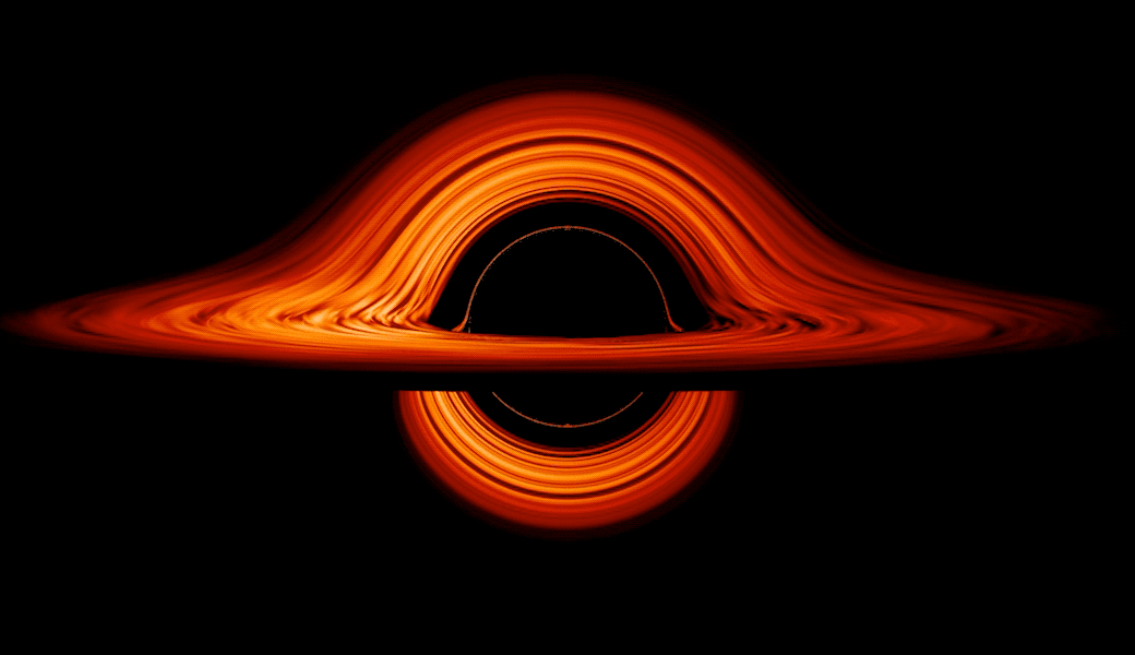 An event horizon marks the boundary at the outer edge of a black hole. This black hole visualization shows a turbulent disk of gas churning around the cosmic beast. 