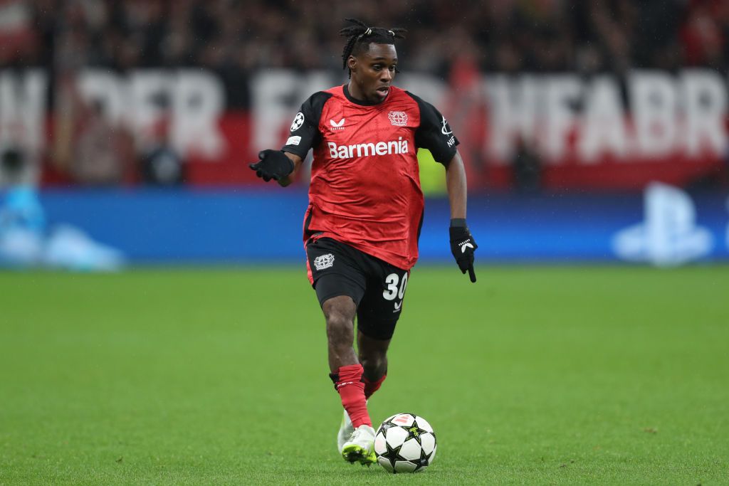 Liverpool target Jeremie Frimpong of Bayer 04 Leverkusen controls the ball during the UEFA Champions League 2024/25 League Phase MD5 match between Bayer 04 Leverkusen and FC Salzburg at BayArena on November 26, 2024 in Leverkusen, Germany.