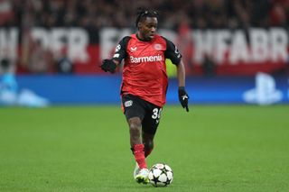 Liverpool target Jeremie Frimpong of Bayer 04 Leverkusen controls the ball during the UEFA Champions League 2024/25 League Phase MD5 match between Bayer 04 Leverkusen and FC Salzburg at BayArena on November 26, 2024 in Leverkusen, Germany. Manchester City target