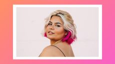 Woman with a blonde and hot pink bob/ in an orange and pink gradient template