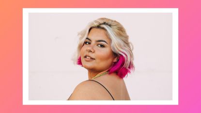 Woman with a blonde and hot pink bob/ in an orange and pink gradient template