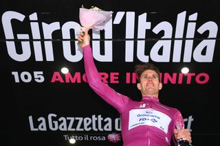 COGNE ITALY MAY 22 Arnaud Demare of France and Team Groupama FDJ Purple Points Jersey celebrates at podium during the 105th Giro dItalia 2022 Stage 15 a 177km stage from Rivarolo Canavese to Cogne 1622m Giro WorldTour on May 22 2022 in Cogne Italy Photo by Tim de WaeleGetty Images