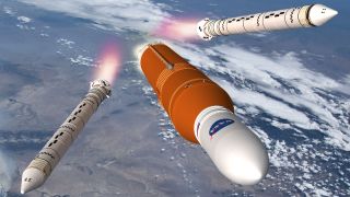 Artist's conception of a Space Launch System (SLS) launch