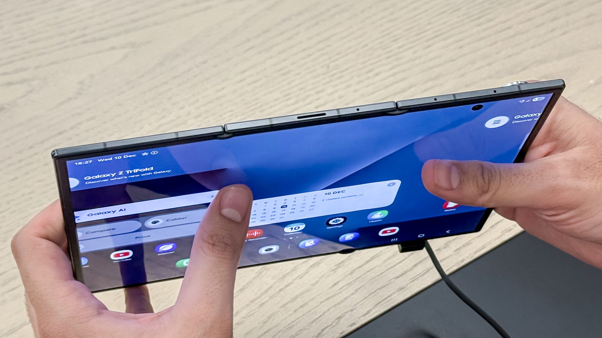 Samsung Galaxy Z TriFold unfolded, showing the top edge