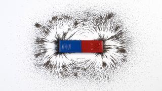 Red and blue bar magnet or physics magnetic with iron powder magnetic field on white background.