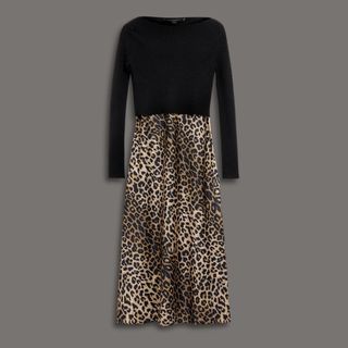 A cutout of an AllSaints Hera Leopard Print 2-In-1 Midi Dress against a brown background